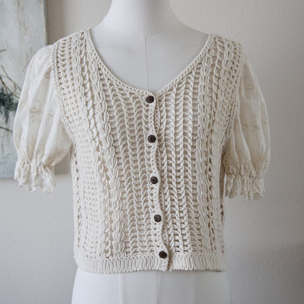 Cottage Cotton Knit Babydoll puff-sleeve top size M
